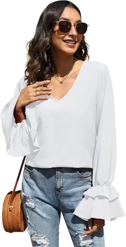 Vista 5 de LYANER Blusa casual de manga larga con cuello en V y volantes para mujer