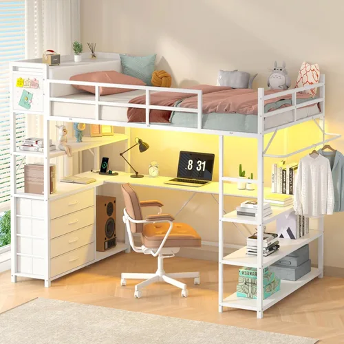 Vista 11 de Cama elevada de tamaño individual con almacenamiento y cabecero tapizado, estructura de cama elevada de metal con escritorio en forma de U y luces