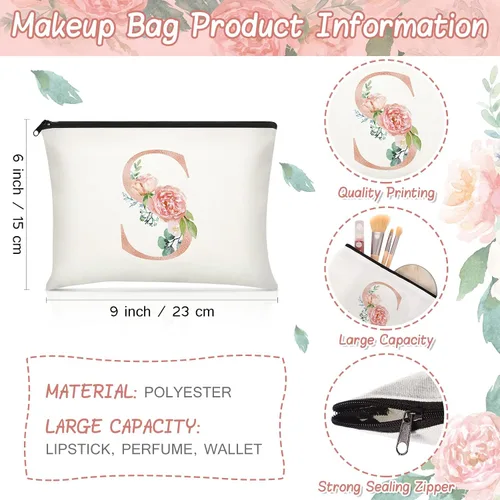 Vista 5 de Sanwuta 2 bolsas de lona con inicial, diseño floral con letras florales, bolsas de cosméticos de viaje, bolsas con monograma para mujer, mujer