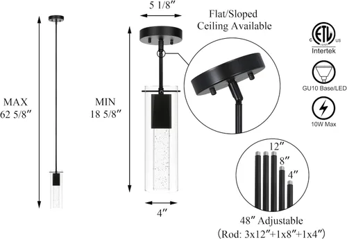 Vista 6 de XiNBEi Lighting Lámpara colgante, moderna cocina negra colgante colgante de iluminación con vidrio cuadrado y bombilla LED XB-P1110-SQ-MB