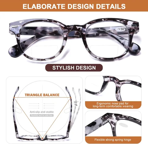 Vista 5 de AQWANO Lentes de lectura bifocales con estilo de moda, protección anti UV400, lectores de calidad ligera, bisagra de resorte bifocales, para hombres
