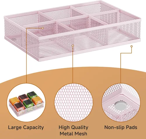 Vista 2 de Tea Bag Organizer 6 Grids. Mesh Tea Bag Holder with Handle, Teabag Holder, Tea Station Organizer for Countertop, Pantry, Kitchen, Cabinet - Pink