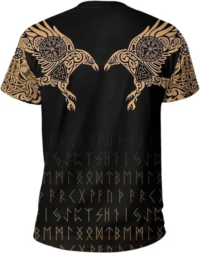 Vista 2 de Camisetas negras de cuervo vikingo nórdico para hombre, camiseta de manga corta de poliéster para entrenamiento, deporte, gimnasio, camisetas