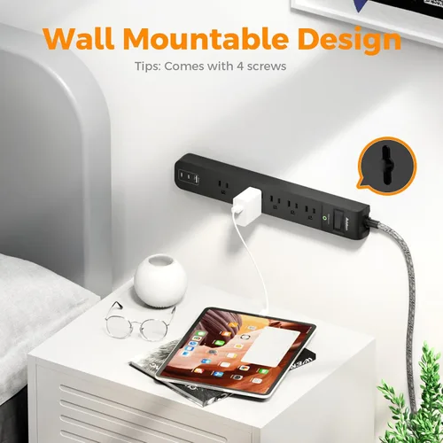 Vista 4 de Paquete de 2 Regletas Cortas con Protector de Sobretensiones - Addtam Regleta USB C, Cable de Extensión Plano de 3 pies con 5 Enchufes Ampliamente