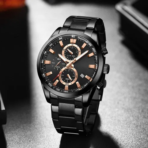 Vista 3 de Reloj de pulsera analógico de cuarzo para hombre, cronógrafo, impermeable, correa de cuero, correa de cuero, reloj de pulsera
