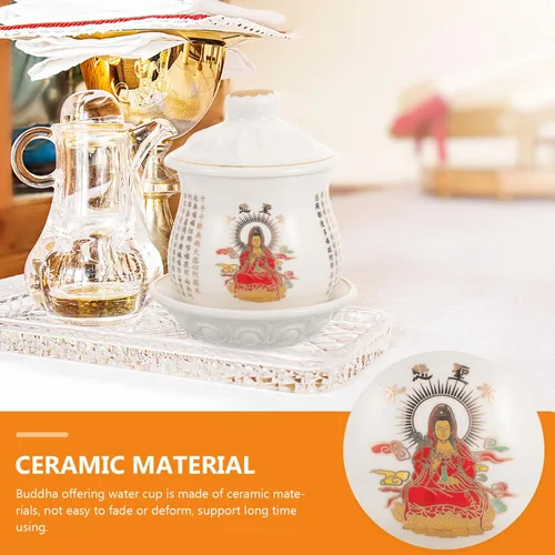 Vista 4 de OSALADI Taza de cerámica con platillo Budista Taza de agua bendita taza de culto de cáliz chino Utensilio bendición taza de té con tapa