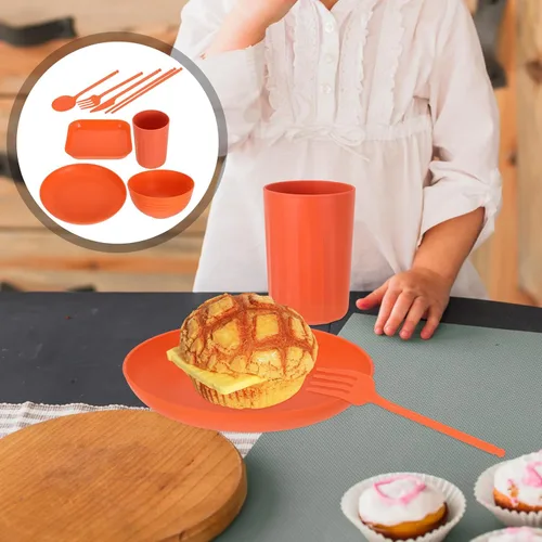 Vista 7 de Juego de vajilla de paja de trigo para 1 juego de vajilla portátil de fiesta con cuenco, taza, cuchara, palillos, suministros de cocina ligeros