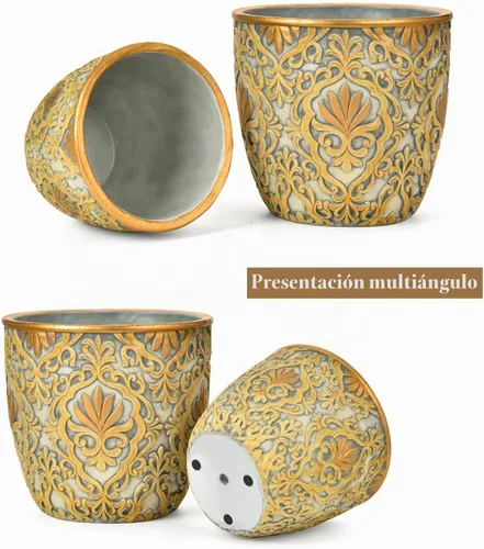 Vista 5 de Sungmor Macetas grandes de cemento resistentes, hermosas macetas de jardín de hormigón en relieve, juego de 2 macetas de 8 y 10 pulgadas