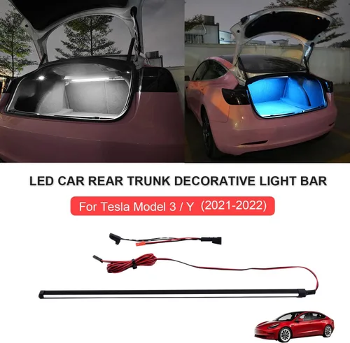 Vista 6 de Tira de luz LED para Tesla modelo 3, luz LED para maletero de automóvil, luz de atmósfera, modificación interior, accesorios de barra de luz