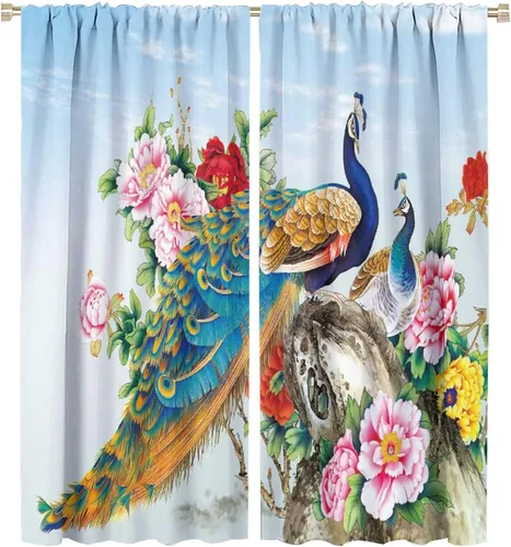 Vista 32 de Cortinas opacas de pavo real, hermoso patrón de estampado de flores de pavo real azul, estampado de mariposas y pavo real, juego de 2 paneles