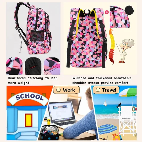 Vista 6 de Bansusu - Mochila para estudiantes, diseño geométrico, escuela primaria, para niñas, Púrpura-A), unknown
