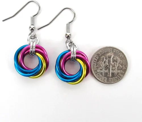 Vista 4 de Pansexual pride earrings, handmade chainmail love knot jewelry; pink, yellow, blue