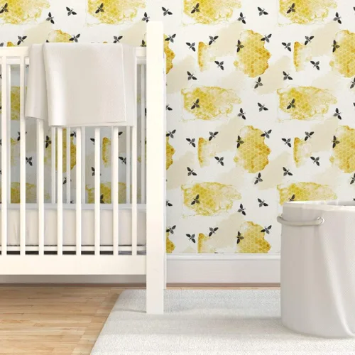 Vista 6 de Spoonflower Papel tapiz autoadhesivo de 3 x 2 pies – Abeja verano jardín acuarela miel oro negro nido de abeja insectos colmena abeja abejas papel