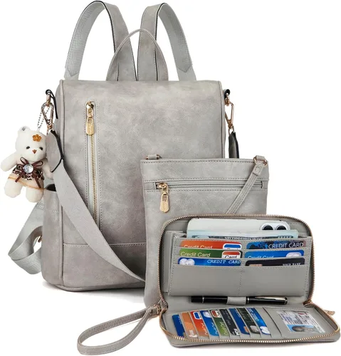 Vista 8 de Soperwillton Mochila de moda para mujer, bolso de hombro de cuero antirrobo, bolsa de viaje, múltiples bolsillos, cartera, juego de 3 piezas