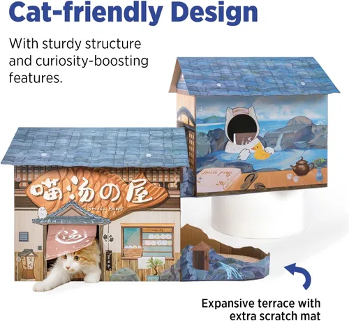 Vista 5 de SMILE PAWS Camas para gatos de interior, casa de cartón para gatos con rascadores, hotel Onsen, muebles grandes y resistentes para gatos, tienda