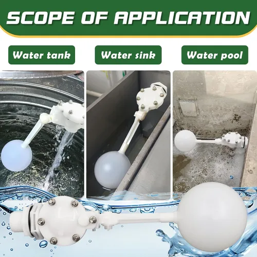 Vista 6 de Válvula flotante desmontable de 3/4, válvula de flotador de agua de plástico blanco con brazo ajustable para control de nivel de agua para estanque
