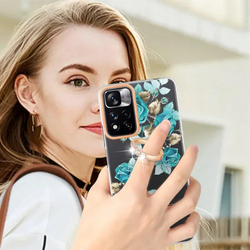 Vista 4 de ONV Funda de silicona para Redmi Note 11 Pro 5G – Funda con anillo de metal con purpurina de lujo con flor pintada con flores, funda delgada