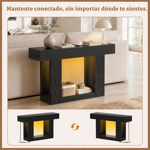 Vista 5 de Unikito Mesa consola de 47 pulgadas con tomas de corriente y luces LED, mesa de entrada de granja con patrón geométrico único de celosía, mesa