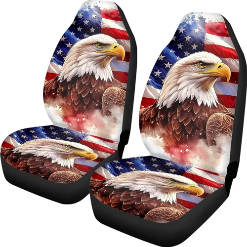 Vista 47 de ELEQIN 250 fundas de asiento delantero de automóvil con bandera patriótica estadounidense, paquete de 2 protectores de asiento de poliéster suaves