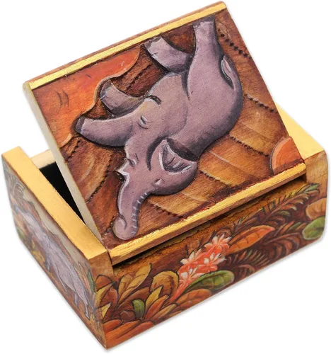 Vista 4 de NOVICA Mini joyero artesanal de madera hecho a mano con temática de elefante de Bali, multicolor, cajas de Indonesia