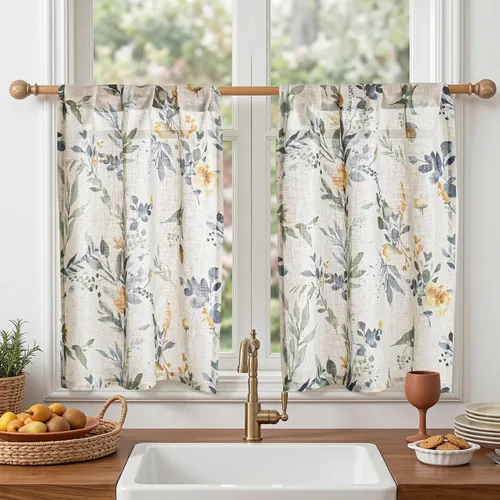 Vista 9 de MYSKY HOME Cortinas de lino transparentes de 45 pulgadas de largo para dormitorio, cocina, paneles de cortina florales, cortinas semicirverticales