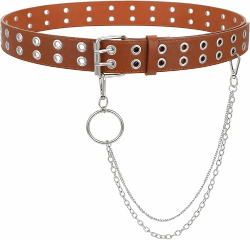 Vista 8 de WHIPPY Double Grommet Belt for Women Men PU Leather Double Prong Buckle Vintage Punk Rock Jeans Belts with Chain A-Negro