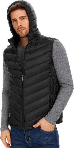 Vista 5 de YKR Chaleco acolchado para hombre, chaleco de plumón de invierno, con capucha, cremallera, sin mangas, con bolsillos
