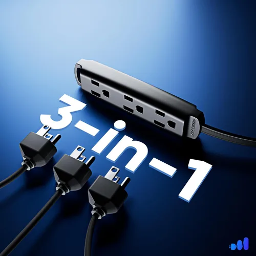Vista 3 de Maximm Cable de extensión plano giratorio de 360 grados, cable de alimentación de 3 salidas múltiples de 1 pie con bucle, conexión a tierra 16 AWG