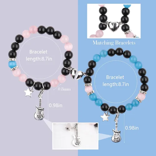 Vista 9 de 2 pulseras magnéticas para parejas, piedra natural negra mate, cristal para votos de amor eterno, juego de pulseras de cuentas de piedra de energía