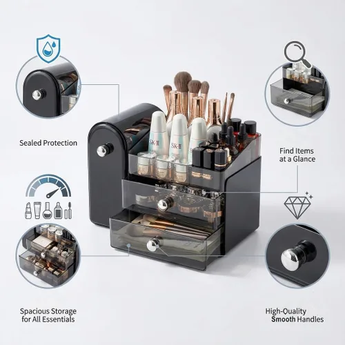 Vista 6 de Bird&Fish Organizador de maquillaje con soporte deslizante para cepillos, organizador transparente para el cuidado de la piel con cajones, Negro