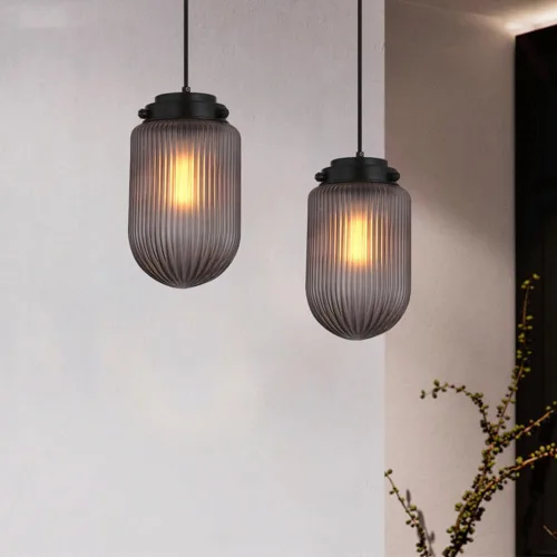 Vista 4 de 2 Pack Modern Smoke Gray Pendant Lights, Nordic Cylindrical Striped Glass Shade Ceiling Hanging Lighting, Adjustable Height E27/E26 Sockets