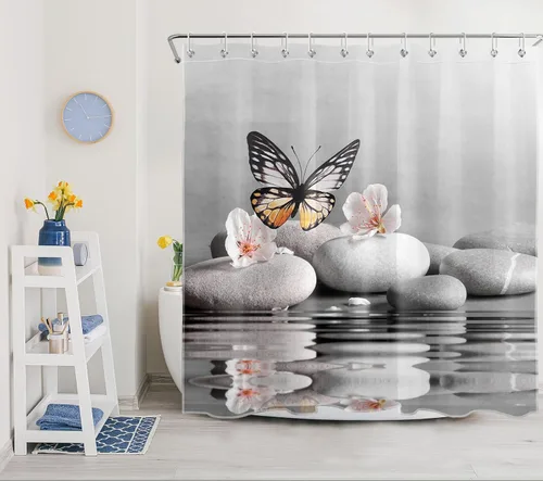 Vista 12 de LB Cortina de ducha asiática de piedra zen, cortina de ducha japonesa para baño, cortinas de baño de tela negra de 48 x 72 pulgadas con ganchos