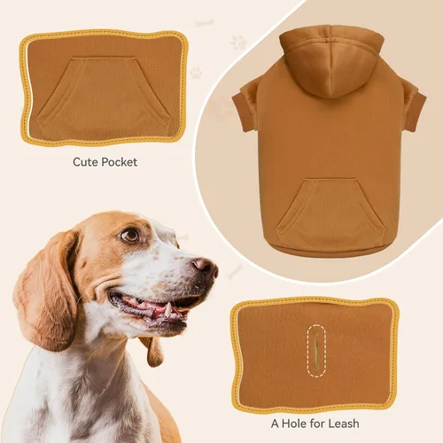 Vista 4 de Sudadera con capucha para perros pequeños, ropa de forro polar cepillado suave y liso, sudadera con capucha para mascotas con bolsillo (café-XS)