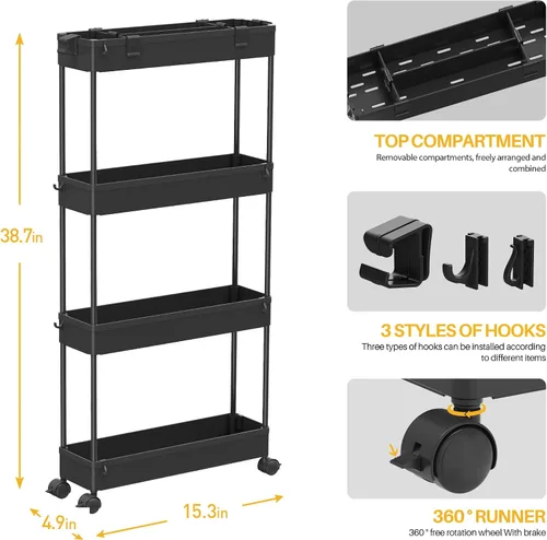 Vista 4 de SAKA - Carrito de almacenamiento delgado, carrito de almacenamiento rodante para el baño de 4 niveles, carrito organizador móvil de estanterías