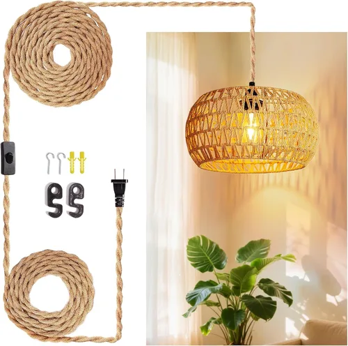 Vista 9 de Lámpara colgante con cable de enchufe con interruptor de encendido y apagado, luces colgantes de ratán, lámpara de techo bohemia, lámpara colgante