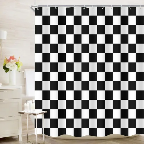 Vista 2 de Cortina de ducha a cuadros en blanco y negro, bonita cortina de ducha retro de tablero de ajedrez para decoración de baño, 72 x 72 pulgadas, cortina