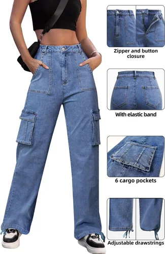 Vista 4 de ZMPSIISA Pantalones cargo de cintura alta para mujer, pantalones casuales de pierna ancha, 6 bolsillos, pantalones militares de combate