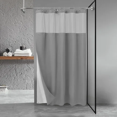 Vista 28 de N&Y HOME - Juego de cortina de ducha de punto gofre, forro de tela a presión y ganchos, para ducha pequeña, estilo hotel, ventana superior de malla
