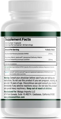 Vista 3 de Probase Nutrition NMN liposomal 500 mg, 30 cápsulas