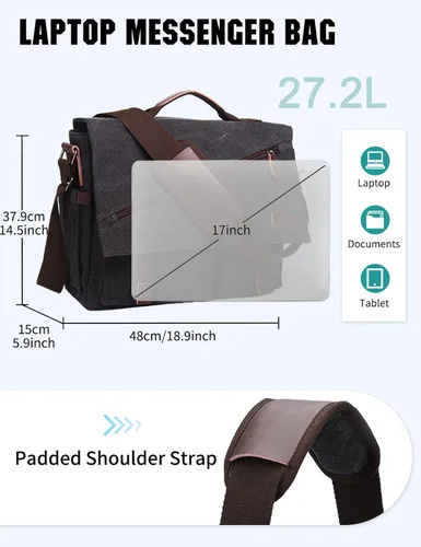 Vista 2 de RAVUO Bolsa de mensajero para hombre, resistente al agua, de lona, 14, 15.6, 17 pulgadas, maletines para laptop, bolsa de hombro de negocios