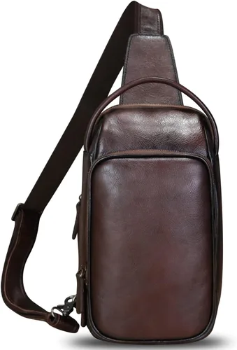 Vista 2 de LRTO Bolso bandolera de cuero genuino para senderismo, mochila retro hecha a mano cruzada en el pecho, bolsa de hombro antirrobo