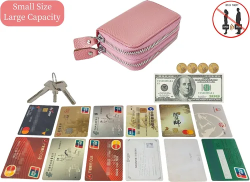 Vista 6 de Cartera de cuero para mujer, con doble tarjeta, tarjetero con cremallera, múltiples compartimentos, bloqueo RFID C-W-1, Rosado, Talla única