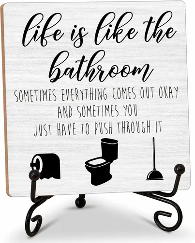 Vista 5 de Letrero de madera para decoración de baño, bloque de madera con texto en inglés "Life Is Like The Bath", de 5 x 5 pulgadas, viene con soporte