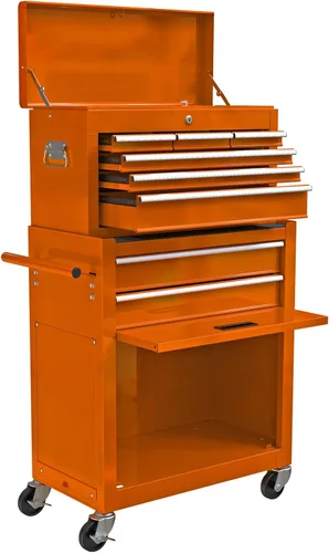 Vista 8 de Carro de herramientas rodante de 4 cajones, caja de herramientas con ruedas y parte superior de madera, carrito de almacenamiento de herramientas