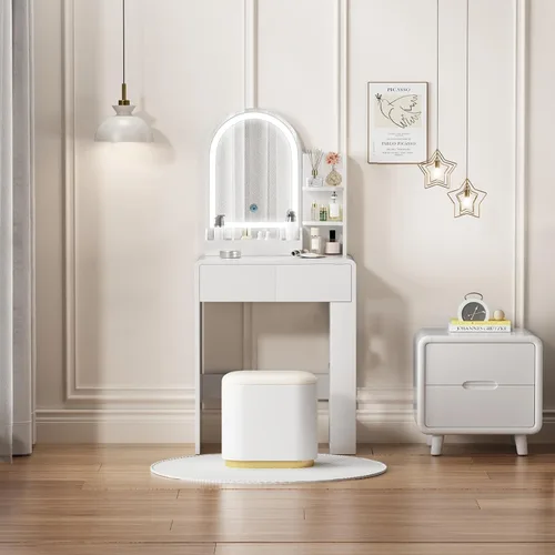 Vista 7 de Vanity, pequeño escritorio de tocador con espejo y luces, espacio de almacenamiento con estante lateral, tocador compacto para niñas