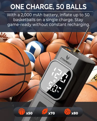 Vista 5 de ETENWOLF P200 Electric Ball Pump 2000mAh Sports Air Pump with Digital Pressure Gauge, Fast Inflation & Deflation for Basketball Soccer Volleyball