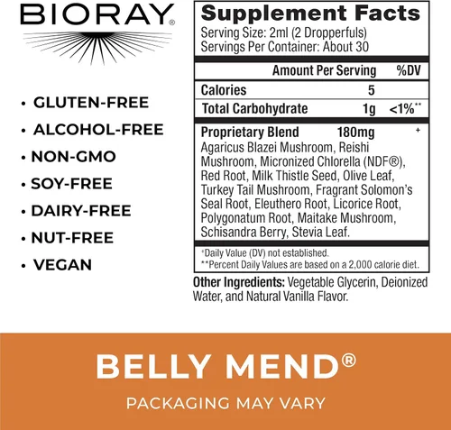 Vista 2 de BIORAY Daily Belly Mend - 2 onzas líquidas - Mezcla probiótica de 11 cepas con hongos medicinales - Apoya las funciones intestinales saludables
