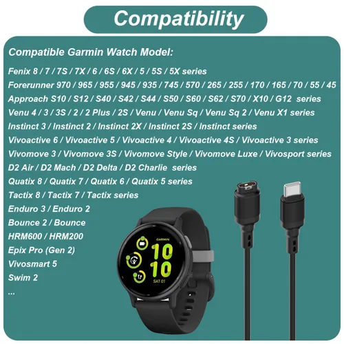 Vista 2 de Kissmart Cable cargador USB C para reloj Garmin (2, negro)