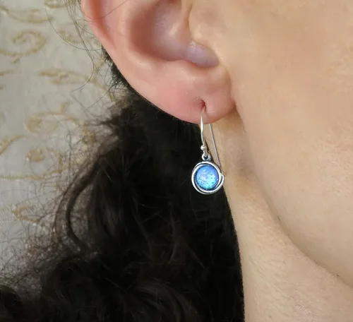 Vista 9 de Opal Earrings, Sterling Silver Dangle Earrings for women, Small round Blue Opal silver dangle earring, October Birthstone, Simple Opal earrings