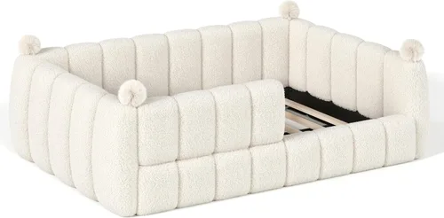 Vista 7 de Bellemave Cama Montessori tapizada de vellón de peluche de tamaño matrimonial con valla, marco de cama infantil de perfil bajo con barandillas